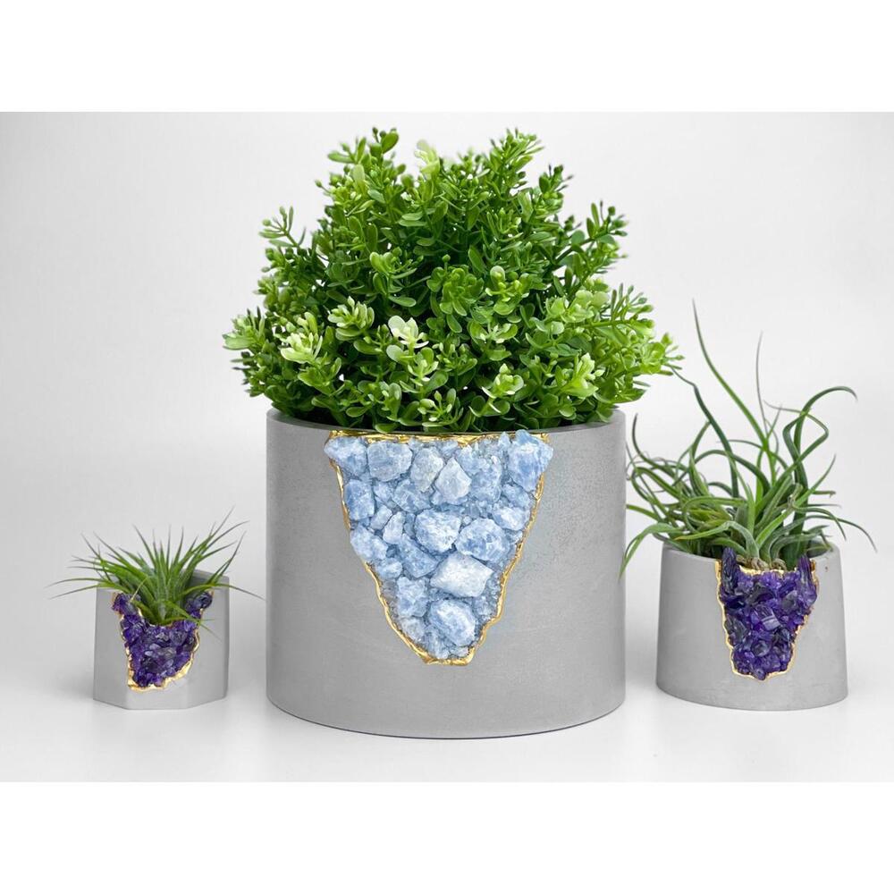 6" Large Geode Planter, Blue Calcite Crystal Planter Pot